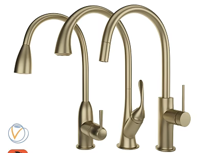 Three Modern Brass Kitchen Faucets With Curved Spout And Elegant Design 3d model