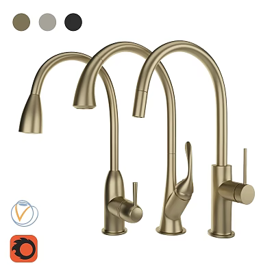 Three Modern Brass Kitchen Faucets With Curved Spout And Elegant Design 3d model