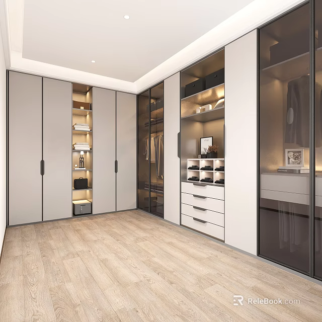 Modern Walk In Closet With Cabinets And Storage Lighting 3d model