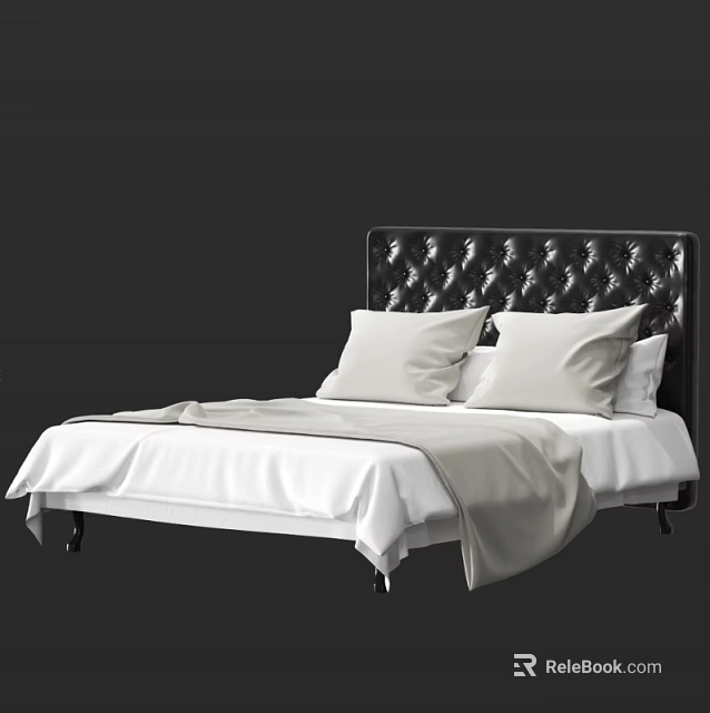 Double Bed with Black Tufted Headboard White Bed Sheets Pillows and Blanket in Modern Design 3d model 