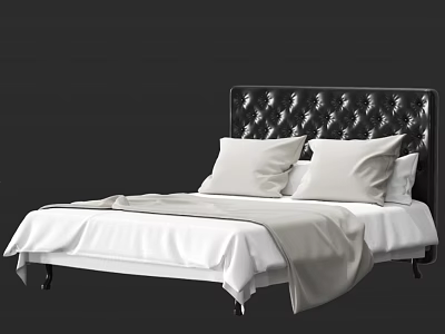 Double Bed with Black Tufted Headboard White Bed Sheets Pillows and Blanket in Modern Design 3d model