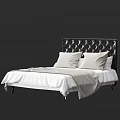 Double Bed with Black Tufted Headboard White Bed Sheets Pillows and Blanket in Modern Design