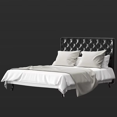 Double Bed with Black Tufted Headboard White Bed Sheets Pillows and Blanket in Modern Design 3d model
