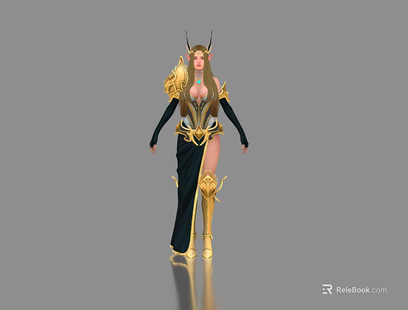Fantasy Female Game Character In Golden Armor And Black Gown With Horned Headdress 3d model 