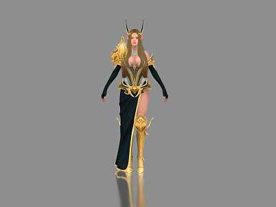 Fantasy Female Game Character In Golden Armor And Black Gown With Horned Headdress 3d model