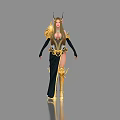 Fantasy Female Game Character In Golden Armor And Black Gown With Horned Headdress