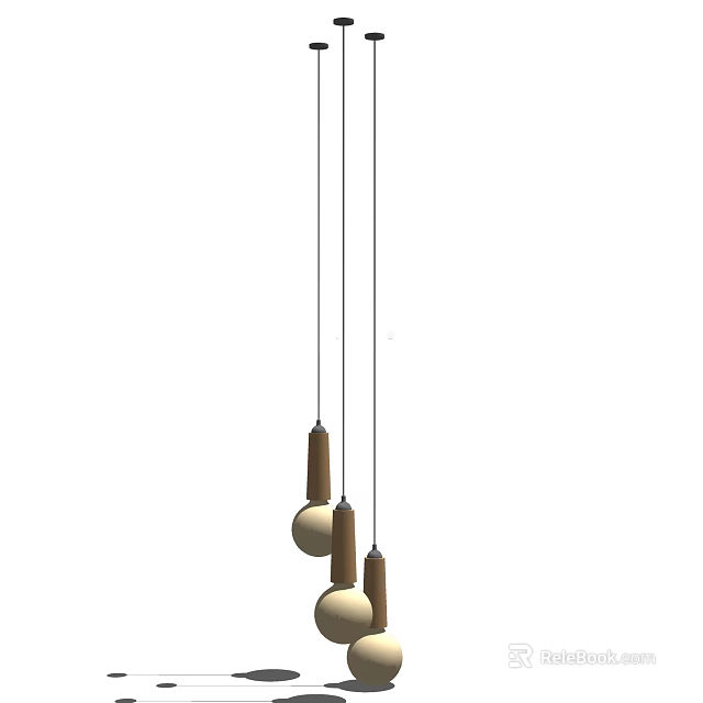 Three Pendant Lights With Wooden Base And White Spherical Lampshade On Slim Hanging Wire 3d model 
