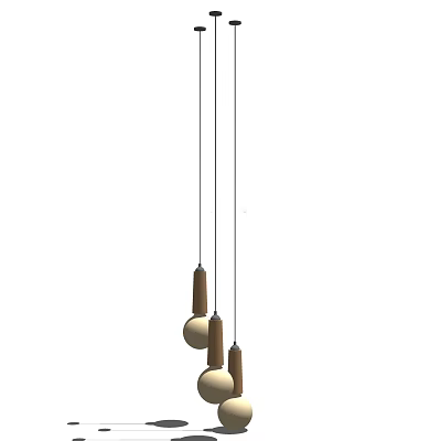 Three Pendant Lights With Wooden Base And White Spherical Lampshade On Slim Hanging Wire 3d model