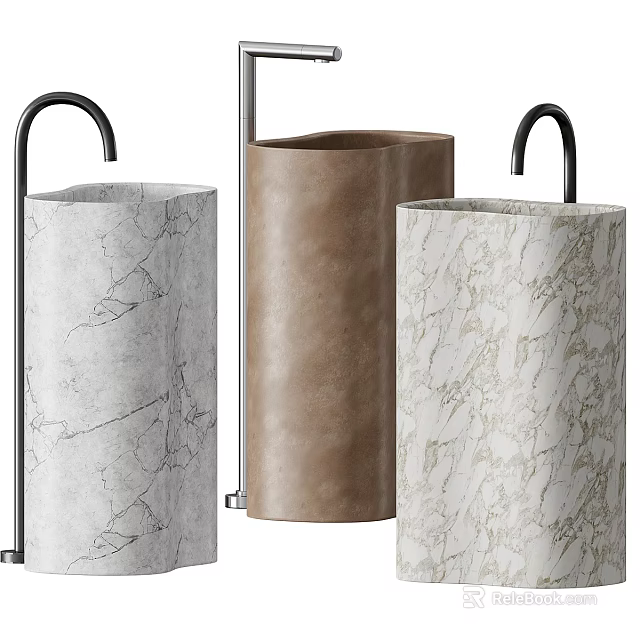 Modern Column Washbasins With Marble And Brown Finishes And Black Faucets 3d model 
