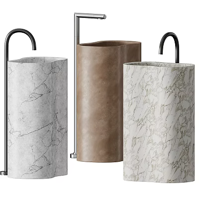 Modern Column Washbasins With Marble And Brown Finishes And Black Faucets 3d model