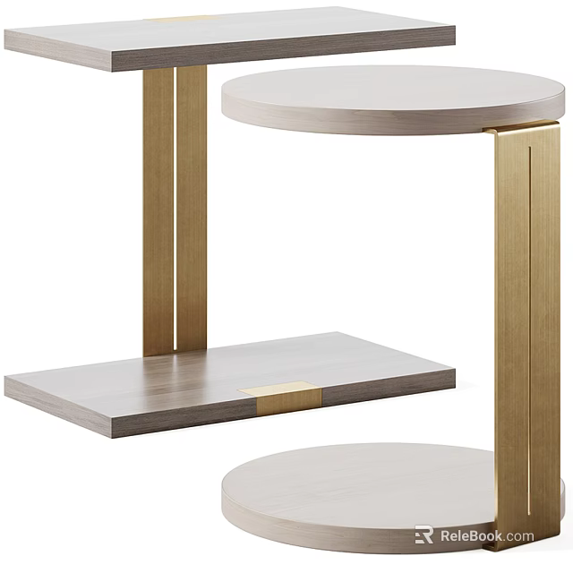 Modern Round Top Side Table With Golden Metal Legs And Wooden Tier Design 3d model 
