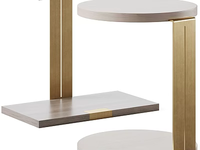 Modern Round Top Side Table With Golden Metal Legs And Wooden Tier Design 3d model