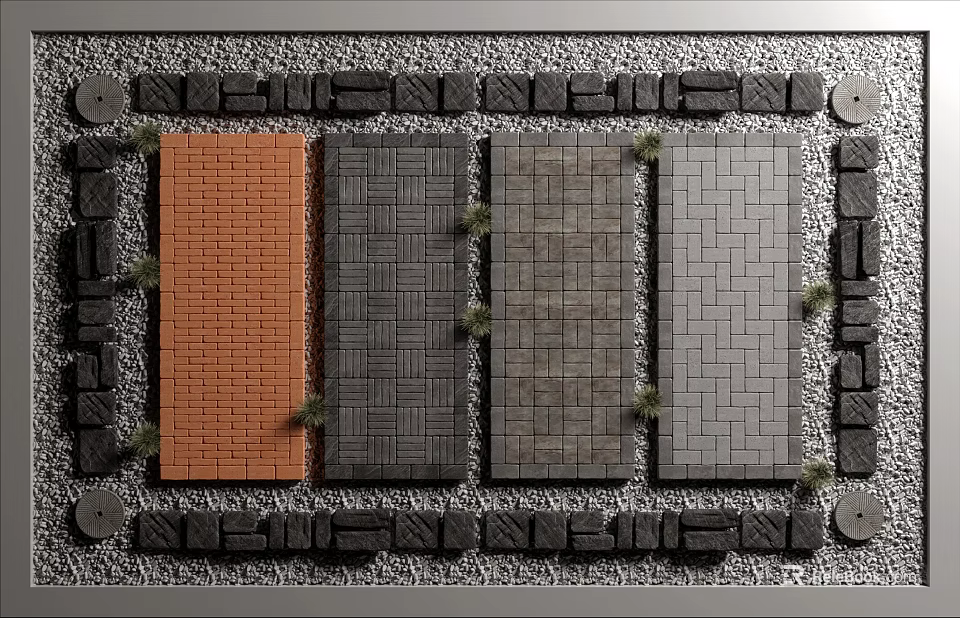 Ground Paving Display With Multiple Textured Tile Patterns And Borders 3d model 