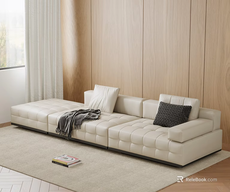 White Multi-Seater Sofa with Pillows Throw Blanket and Wooden Wall Background on Rug 3d model 