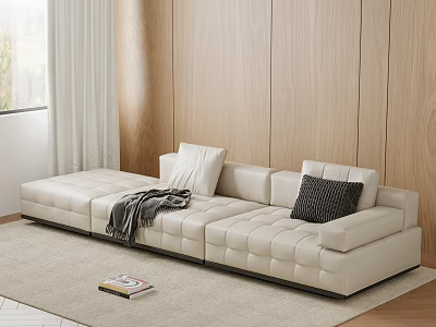 White Multi-Seater Sofa with Pillows Throw Blanket and Wooden Wall Background on Rug 3d model