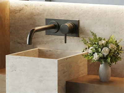 Modern Bathroom Faucet With Square Stone Sink And Gray Vase White Flowers 3d model