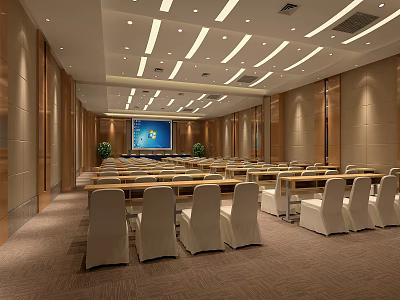 Modern Conference Room Interior With Arranged Chairs Projection Screen And Ceiling Lights 3d model