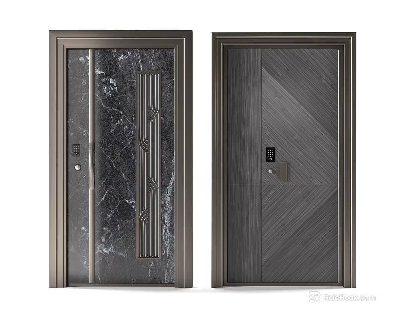 Modern Dark Colored Double Door With Marble Texture And Wood Grain Design 3d model
