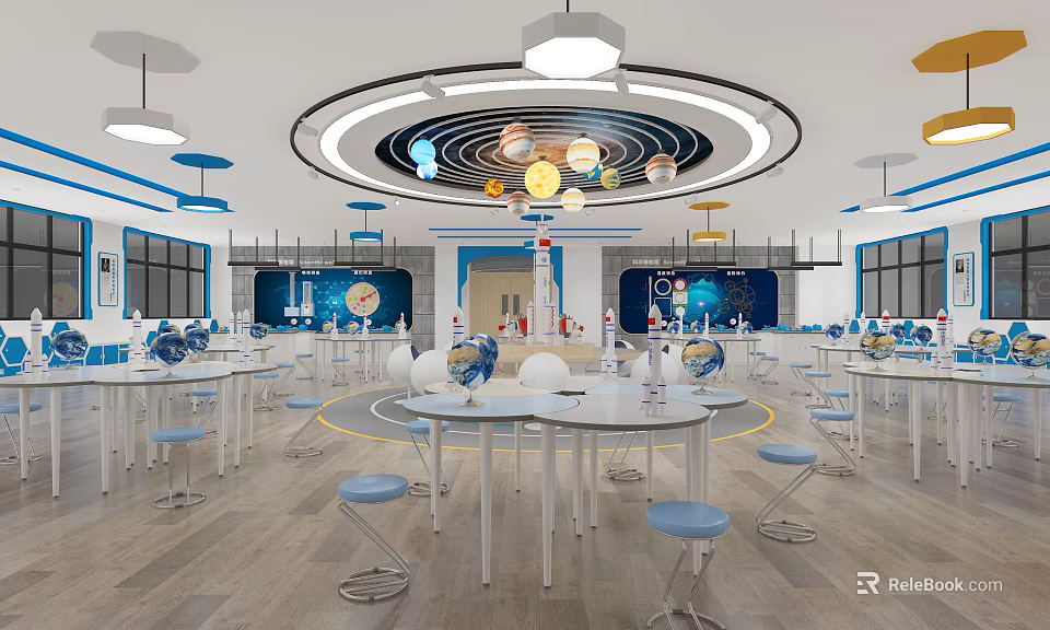 School Science Classroom With Globe Solar System Model Lab Tables And Blue White Decor 3d model 