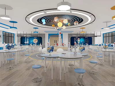 School Science Classroom With Globe Solar System Model Lab Tables And Blue White Decor 3d model