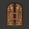 Antique Wooden Double Door With Intricate Golden Carved Patterns And Red Lock