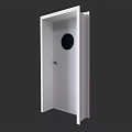 Modern White Hinged Door Design With Round Glass Window And Sleek Metal Handle