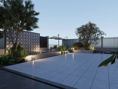 Terrace Garden Landscape Design With Trees Plants Lighting And Patio Tiles 3d model