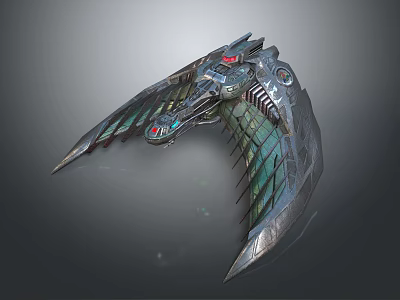 Futuristic Mechanical Winged Spaceship Design With Metal Structure And Red Green Details 3d model