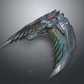 Futuristic Mechanical Winged Spaceship Design With Metal Structure And Red Green Details