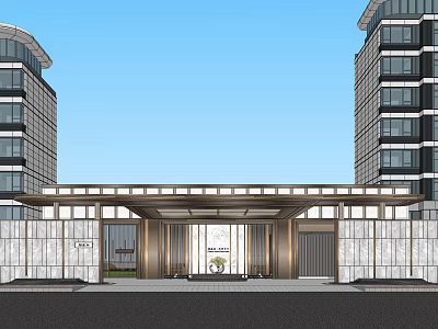 Modern Residential Building Entrance Gate With Stone Walls Metal Framework And Canopy 3d model