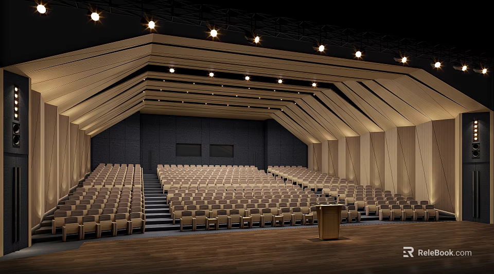 Spacious Conference Room With Rows Of Seats Podium And Ceiling Lighting 3d model 
