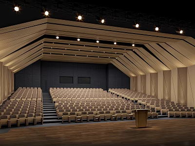 Spacious Conference Room With Rows Of Seats Podium And Ceiling Lighting 3d model