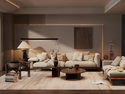 Modern Living Room Interior With Beige Sofa Wooden Coffee Table Floor Lamp And Wall Art 3d model