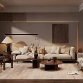 Modern Living Room Interior With Beige Sofa Wooden Coffee Table Floor Lamp And Wall Art