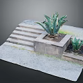 Outdoor Garden Scene With Stone Steps Square Planter And Agave Plants
