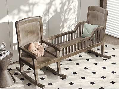 Wooden Rocking Leisure Chairs with Soft Cushions in Room with Tree Shadows and Diamond Rug 3d model