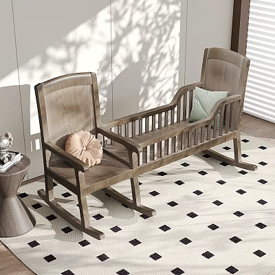 Wooden Rocking Leisure Chairs with Soft Cushions in Room with Tree Shadows and Diamond Rug 3d model