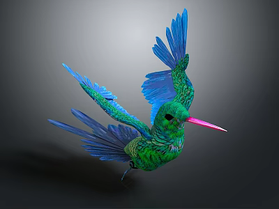 Vibrant Green And Blue Hummingbird With Spread Wings And Pink Beak 3D Rendering 3d model