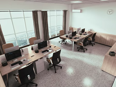 Modern Office Interior Design With Open Workspace Desks Computers And Large Windows 3d model