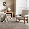 Modern Bedroom Interior With Wooden Slatted Wardrobes Striped Walls Pendant Lamp Bedside Lamps And Rug