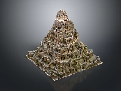 Cartoon Scene Pyramid Structure With Layered Fantasy Buildings And Rocky Caves 3d model