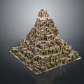 Cartoon Scene Pyramid Structure With Layered Fantasy Buildings And Rocky Caves