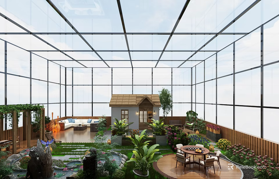 Garden Landscape in Glasshouse Featuring Small House Pond Lush Plants Wooden Deck and Seating Area 3d model 