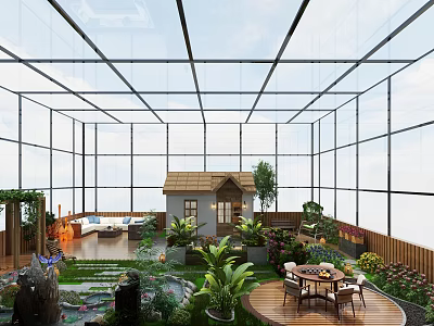 Garden Landscape in Glasshouse Featuring Small House Pond Lush Plants Wooden Deck and Seating Area 3d model