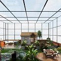 Garden Landscape in Glasshouse Featuring Small House Pond Lush Plants Wooden Deck and Seating Area