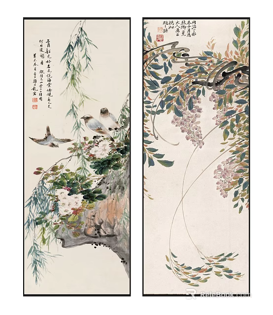 Traditional Chinese Painting Art With Birds Flowers Willow Branches And Wisteria 3d model 