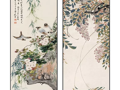 Traditional Chinese Painting Art With Birds Flowers Willow Branches And Wisteria 3d model