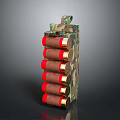 Camouflage Ammo Clip With Stacked Red And Gold Bullets On Dark Surface