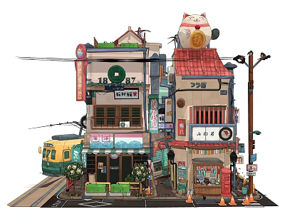 Creative Building Blocks Japanese Street Scene Model With Shops Tram Cat Figure And Street Lamps 3d model