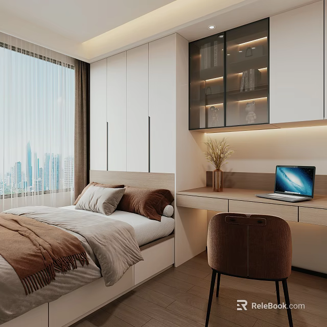 Tatami Bedroom Interior With White Cabinets Window With City View Desk Laptop And Chair 3d model 